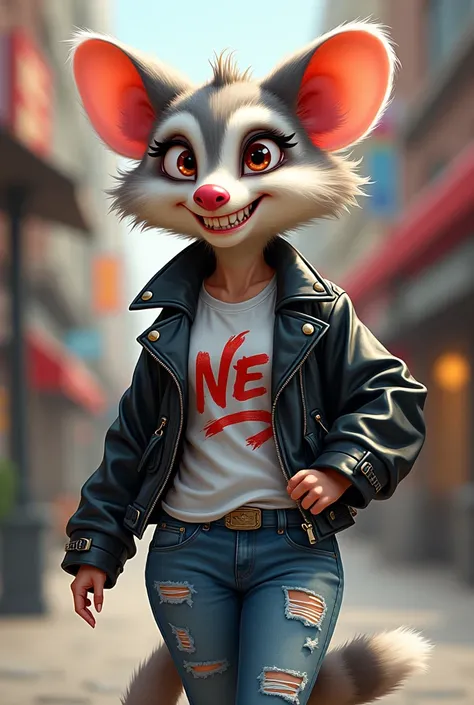 cartoon of a possum woman who is mischievous but kind at the same time and who wears urban clothes