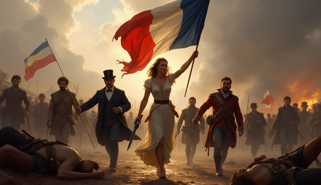 Create a grand and inspiring image, capturing the essence of the classical music 'March of Freedom' and the painting 'Freedom Guiding the People' by Eugène Delacroix. Visualize a dynamic and triumphant scene, centered on the figure of Marianne, the personi...