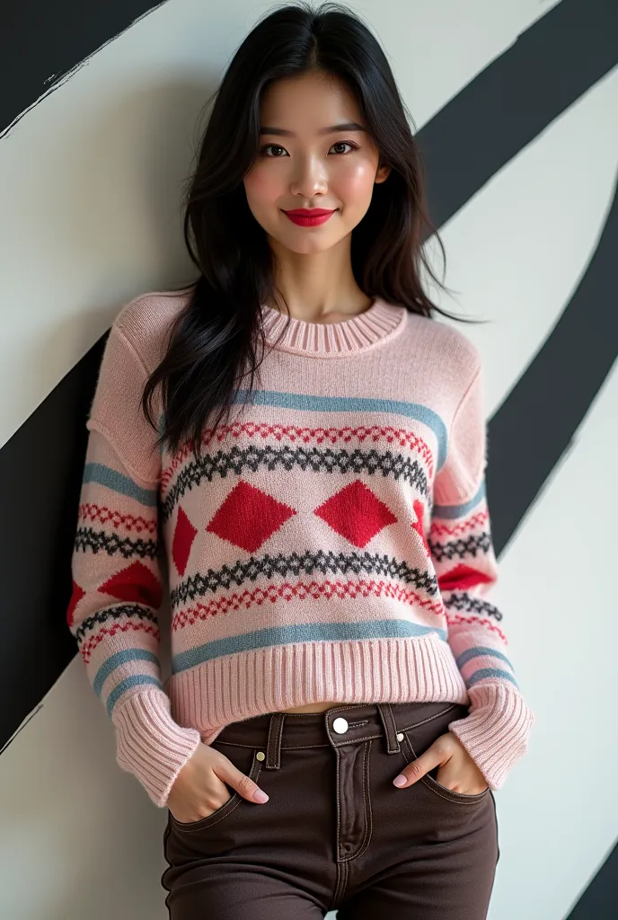 full body,
beautiful Asian woman,long bob hair neatly,perfect make up,red lips and smiled faintly,stocky body,wearing a light pink red blue motif t shirt long sleeves knit,dark brown jeans fitting,standing relaxed,
a white black line motif background.high ...