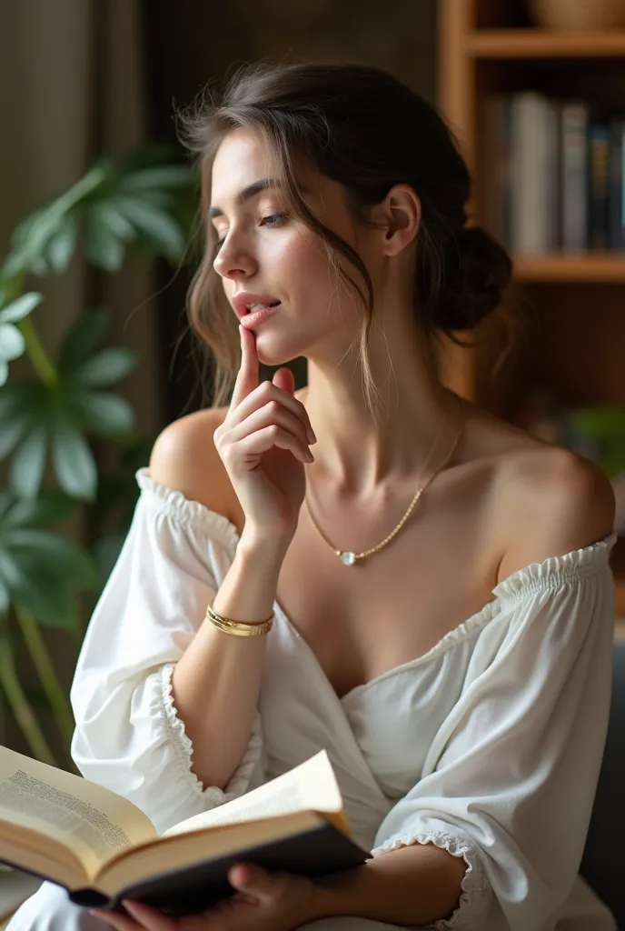 I want images of women thinking, reading, in a helpful and intentional way Dressed in light and feminine clothing. With a background with plenty of details that shows the femininity of women in their essence.