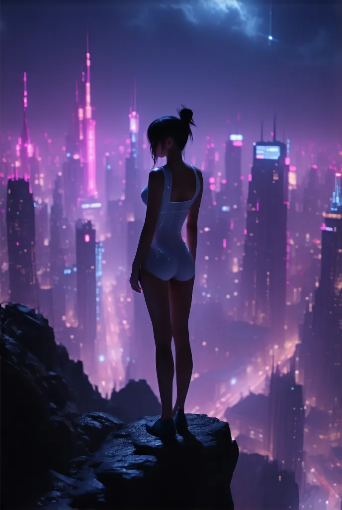 Futuristic city、A woman is standing on a cliff and looking at the city, Cyberpunk Art by Beeple , Popular on CGSociety,  digital art , Before scientific cityscapes,  dreamy cyberpunk girl , in a futuristic cyberpunk city, In the future city, in the city of...