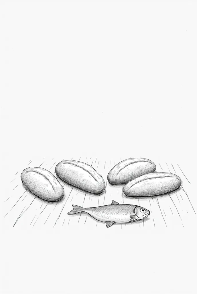 Simple pencil drawing of 5 loaves and 2 little fish on a pen.