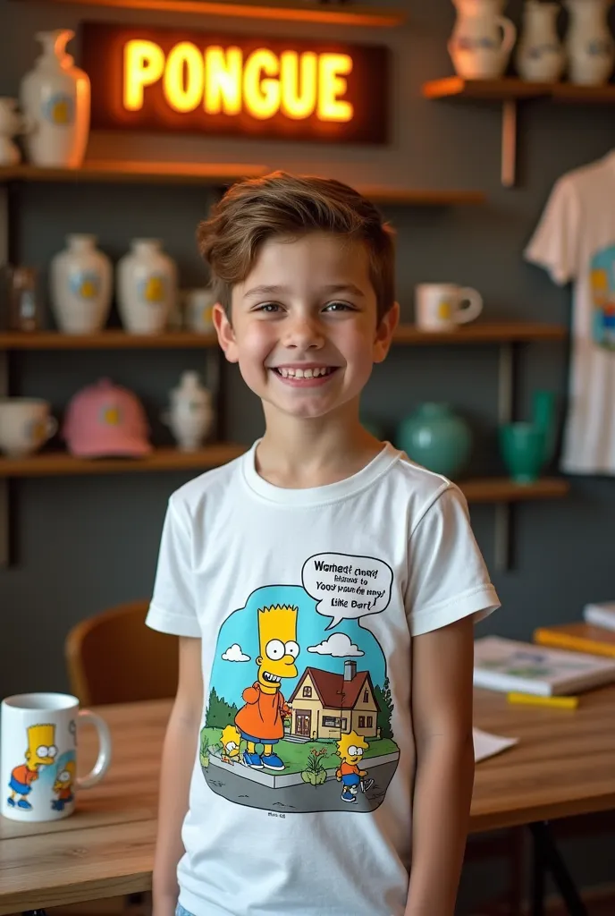 Hello please, Very nice warehouse , store with several products and with printed t-shirts, Vases, caps and a light sign that says Creaciones Pongue; A model boy or girl wearing a t-shirt printed with the following print on his t-shirt and also next to a ta...