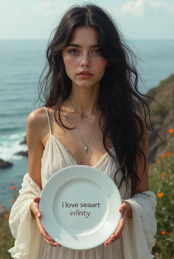 Beautiful girl with long wavy hair, bohemian dress, holding a white plate with text "I Love Seaart Infinity" and showing her to the spectator 