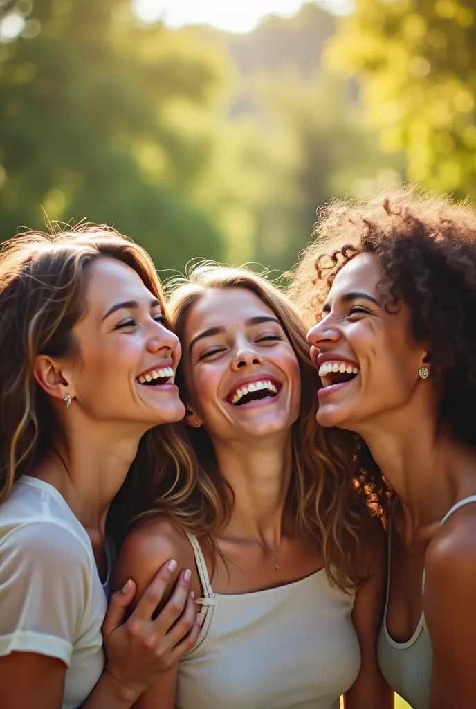 A high-quality image of a group of friends laughing and enjoying each other's company in a bright, cheerful outdoor setting, like a park or garden. The atmosphere is joyful and uplifting, with vibrant colors and genuine smiles. The friends look relaxed and...