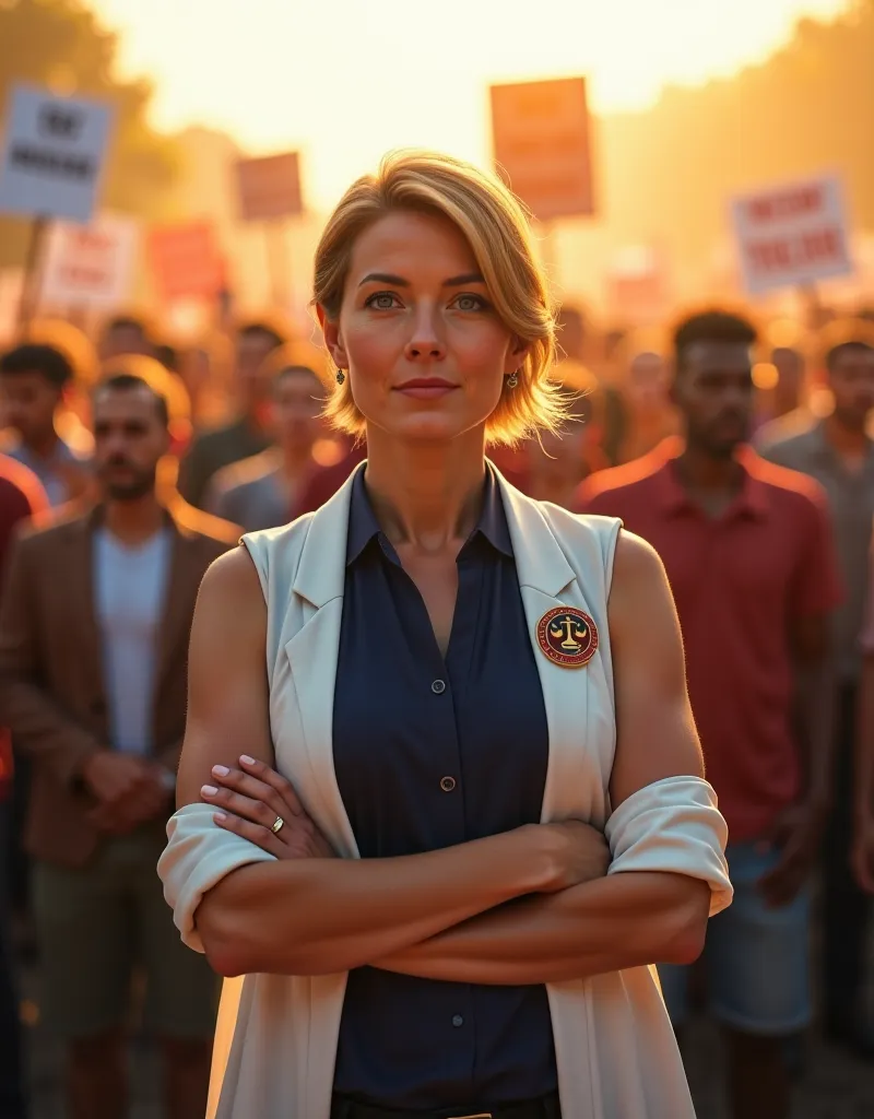 Ultra-photorealistic cinematic portrait of EQUANIMUS, a determined and compassionate woman in her late 30s, standing at the forefront of a massive social justice rally. She has a warm yet unyielding gaze, her strong posture exuding resilience. She wears a ...