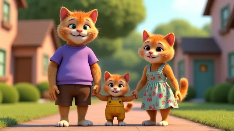 A whimsical scene depicting a family of animated, anthropomorphic cats in a suburban setting. The father cat, wearing a purple shirt and brown shorts, holds hands with a small kitten dressed in yellow overalls. The mother cat, in a floral dress, stands bes...