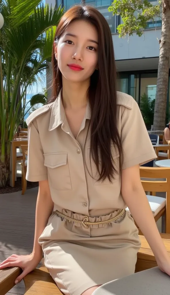 A young woman with long, straight, dark brown hair poses confidently outdoors in a stylish beige uniform. The uniform consists of a short-sleeved button-up shirt with shoulder epaulettes, two front pockets with flaps, and a form-fitting knee-length skirt w...