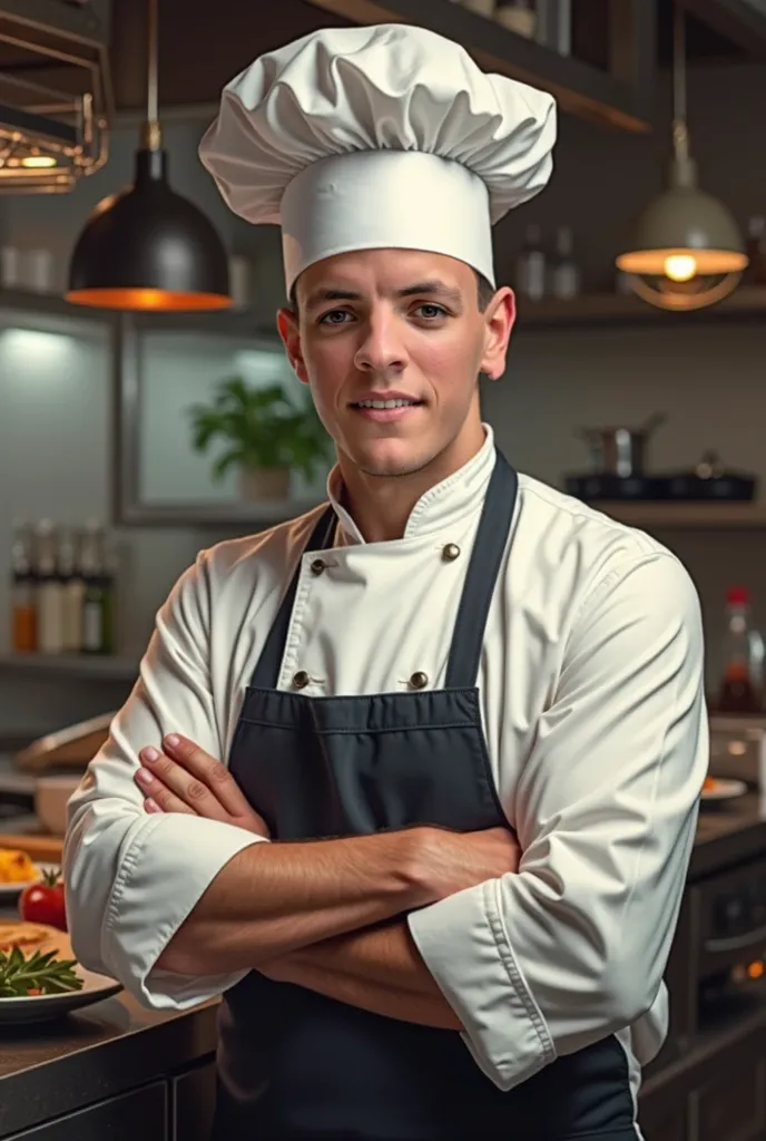 Replace the chef's face with this person