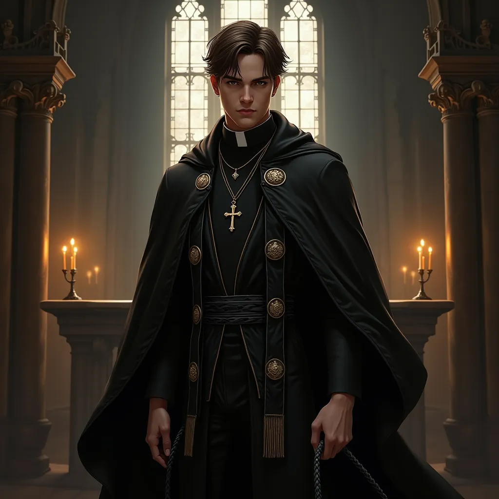 topic: A young priest in his 30s
style: realistic, digital painting,  Anime style,  highly detailed

Character :

Pol: masculine 
Apparel: Black robe with gold details,  long black blanket .  The dress should be tight , hairstyle emphasizing the muscles in...