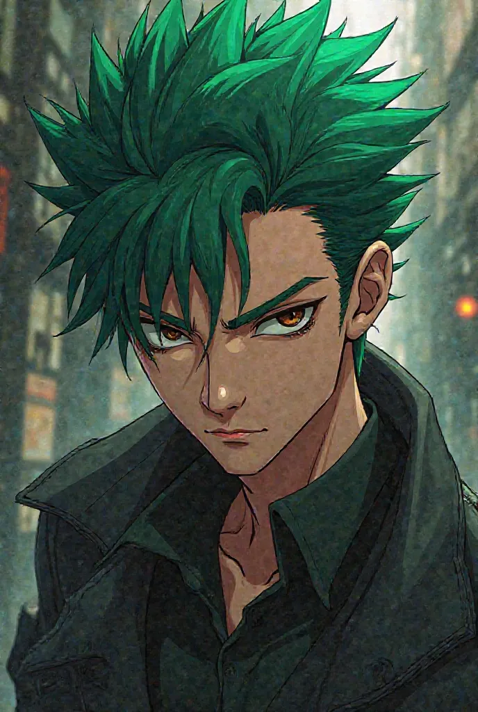 Create a handsome guy with green hair, brown eyes, rude anime.