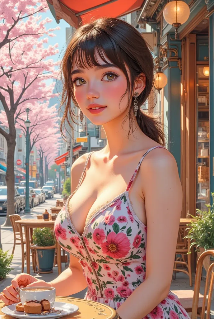 absurdres, highres, real, (realistic), (4k), 8k, 1girl, random hair, big eye, ([green | shining] eye ), beautiful style, BREAK (Ultra-definitive background, beautiful background:1.2), Cherry Blossom Tree Road with beautiful spring, She sitting in an outdoo...