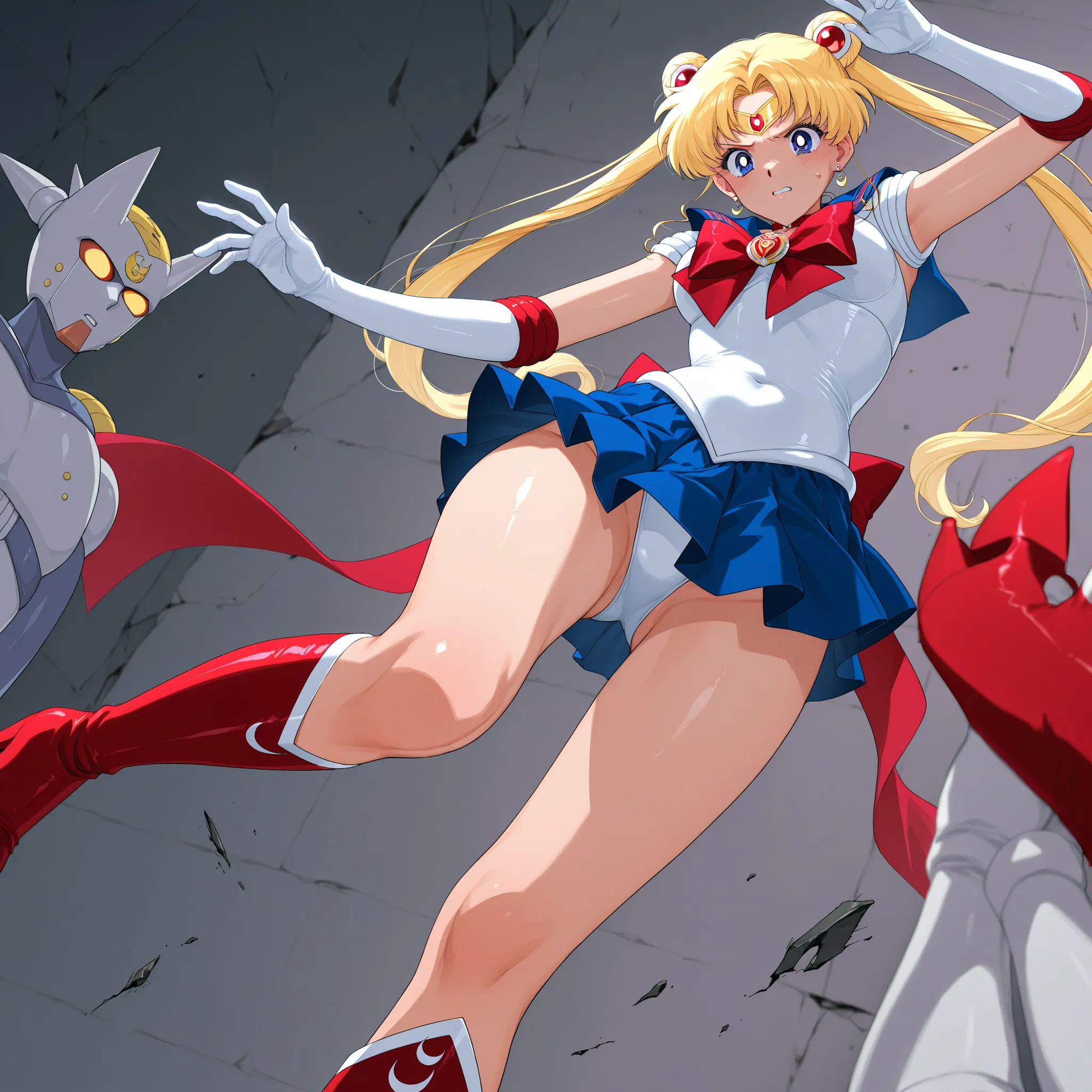 Sailor Moon、defeat、leotards are visible、WHITE LEOTARDS、white gloves、 blue skirt、Red Boots、hair is blond、90s anime、Being attacked、 Damages 、in p、 Despair、stand、low angle、solo、1 person、2 legs