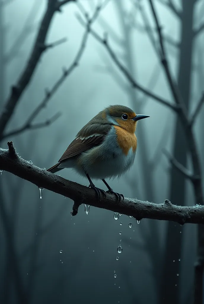 The tiny bird, now wet and cold, sits on a bare tree branch, shivering. Its feathers are soaked, and it looks weak and exhausted. The background shows a gloomy, cold atmosphere with fog and wet trees.