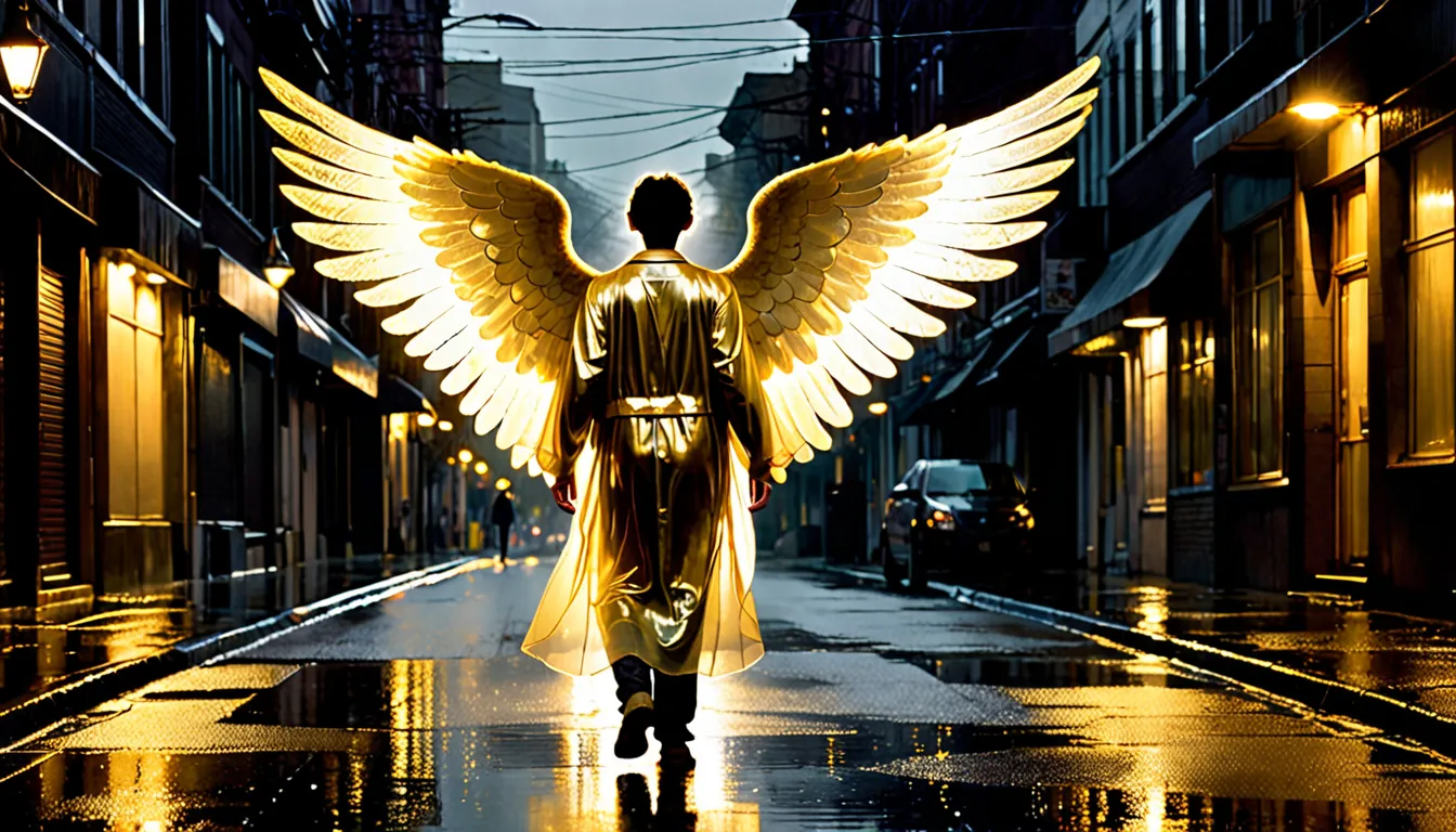 A person walks alone on a dark street, a translucent and radiant angel hovers behind him, his open wings emanating a heavenly golden light, softly illuminating the path. The street is wet from recent rain, reflecting the dim lights of the streetlights. The...