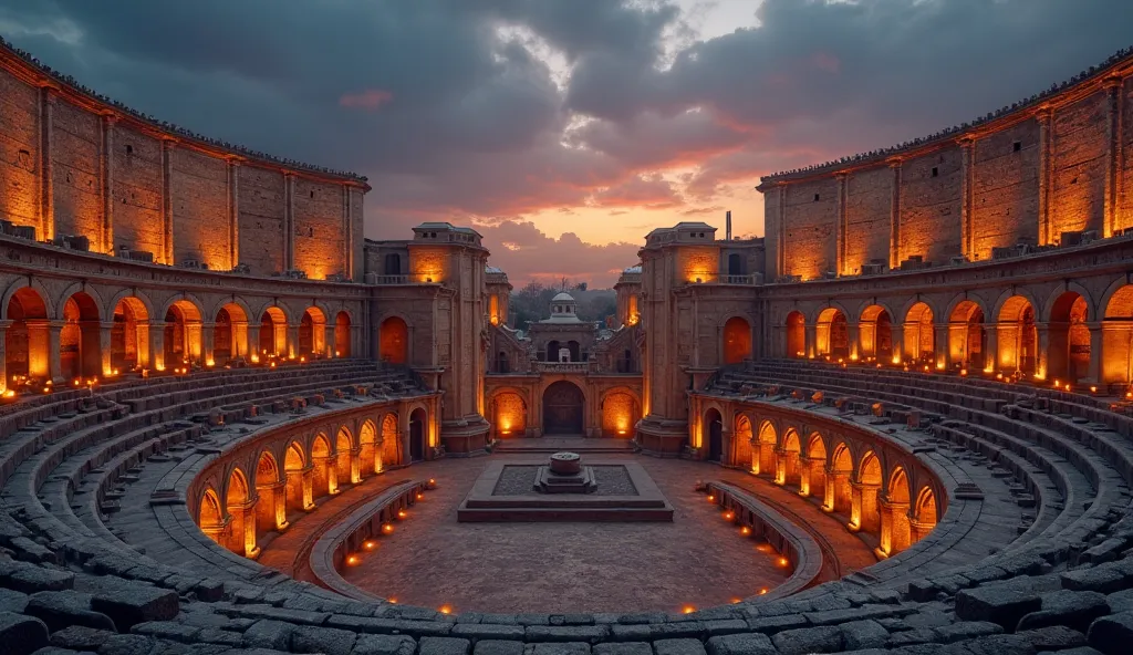 "A colossal Roman amphitheater at twilight, illuminated by torches casting a golden glow on the towering stone arches. The sky is a deep mix of indigo and orange as the last light of the sun fades over the horizon. The amphitheater's intricate stonework an...