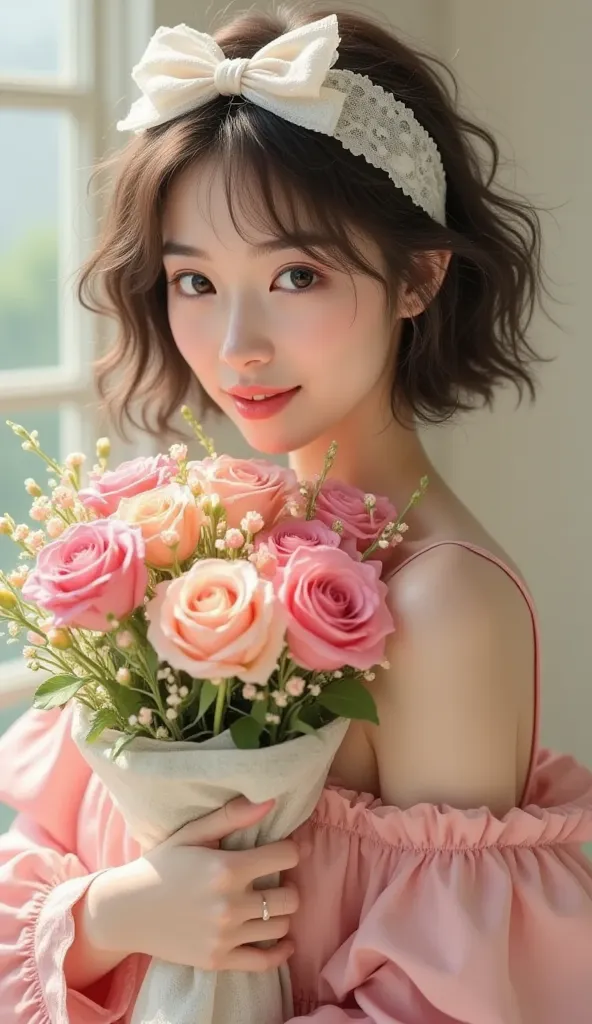   Beautiful girlfriend holding a delicate bouquet of flowers in her hand ,   with a smile，The image is full of lovely hearts ,   masterpiece, Eight thousand,    Best Quality ,   complicated details,   MAXIMUM DETAILS  ,   perfect picture  , Very clear ,  F...