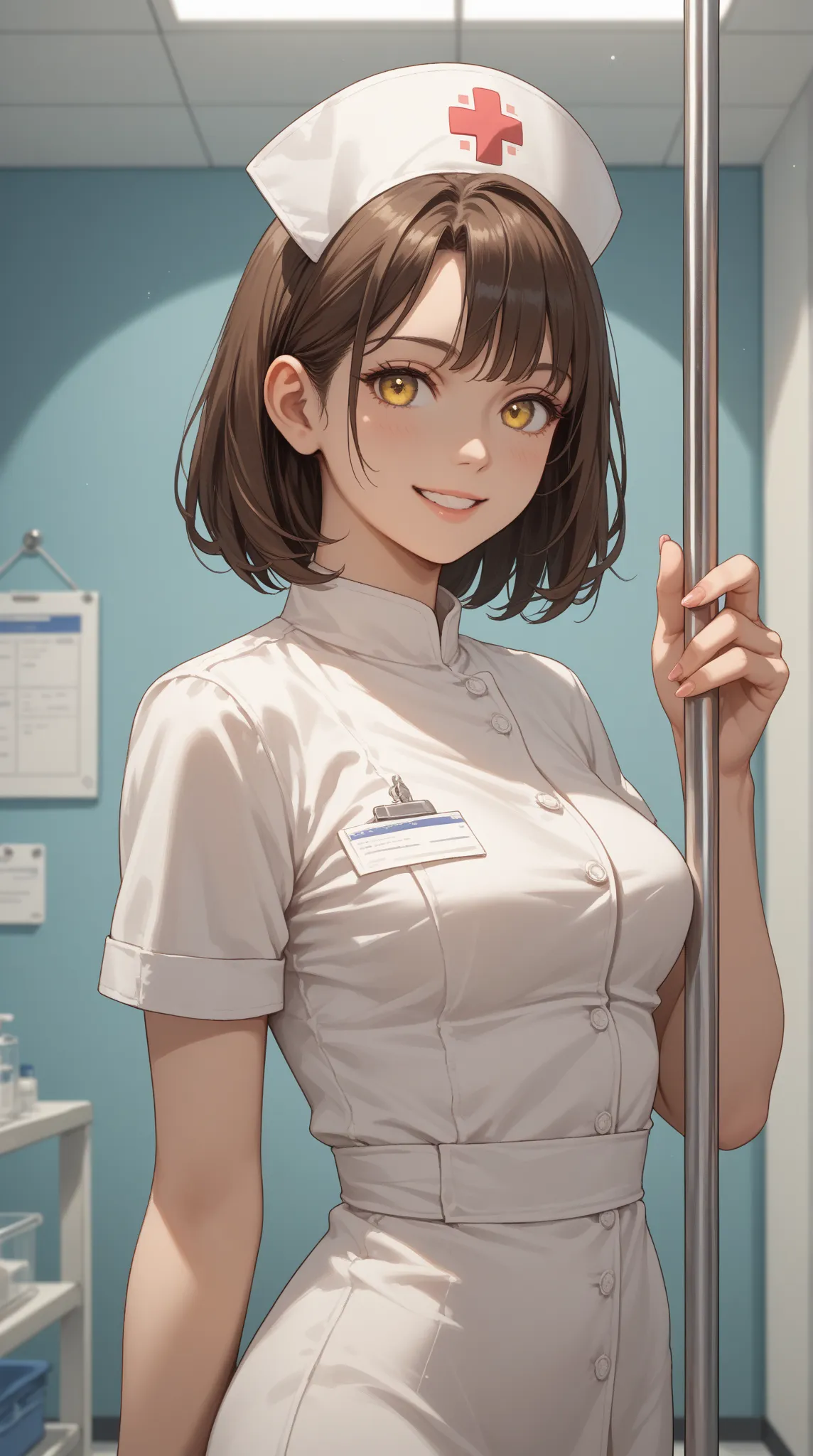 A slim young woman in her 20s with long brown hair and yellow eyes, wearing a fabric nurse uniform. She has a translucent, radiant skin texture. She is holding an IV pole, smiling gently, and facing forward.

The setting is inside a hospital during the day...