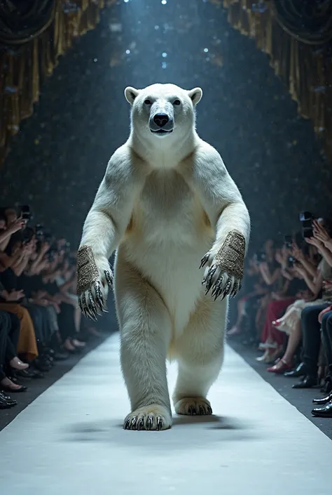 Polar bear walking on two legs modeling on a runway with elegantly dressed polar bear legs and claws 