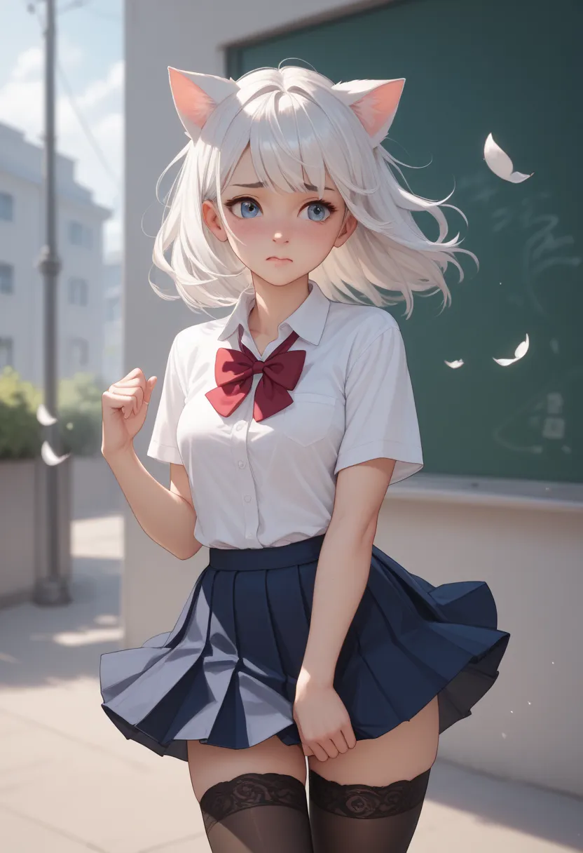 Filian. Cute. White hair cat ears. wearing school uniform. White shirt dark blue skirt. Stockings. Her skirt is getting blown up by wind. Seeing up her skirt black panties she’s embarrassed
