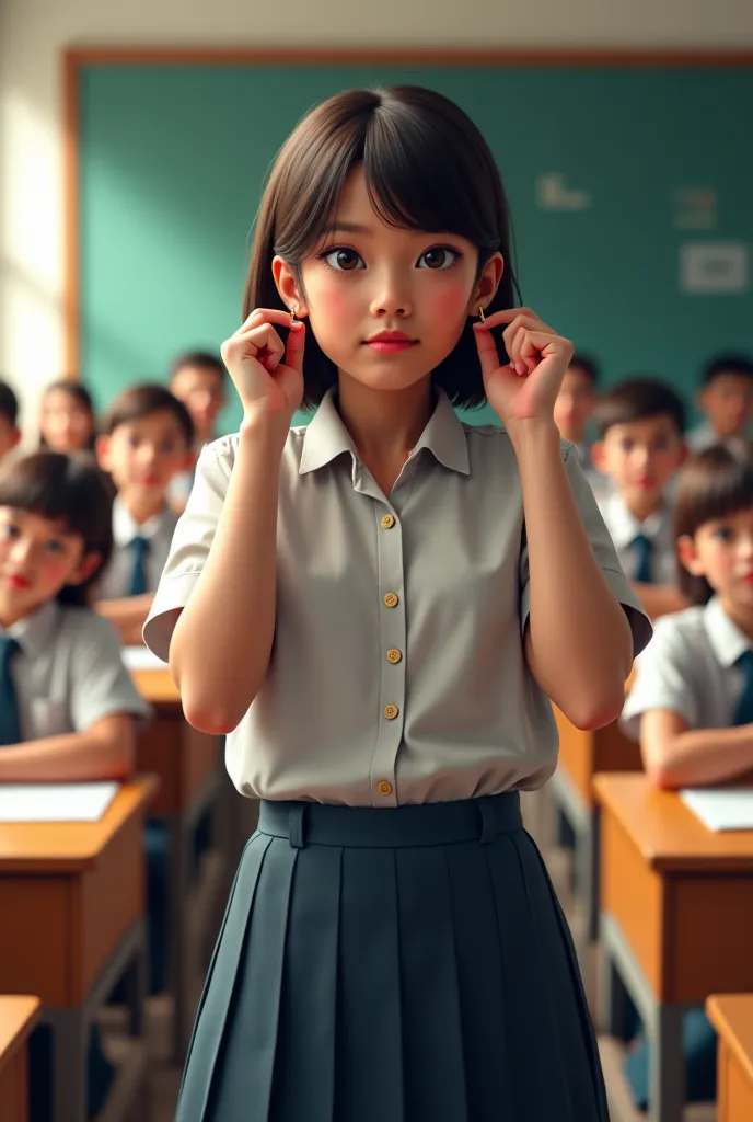 Girl standing in front of class holding her ear lobes