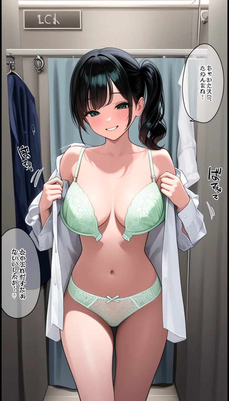 (beautiful girl : 1.3),1 girl,(白いdress shirt, arm roll up,open bra,light green lace underwear), black hair,side ponytail,smile, is embarrassing,blushes,,changing room, pubic hair, lines ,sound effect,masterpiece,top quality,ultra high definition,rich contr...