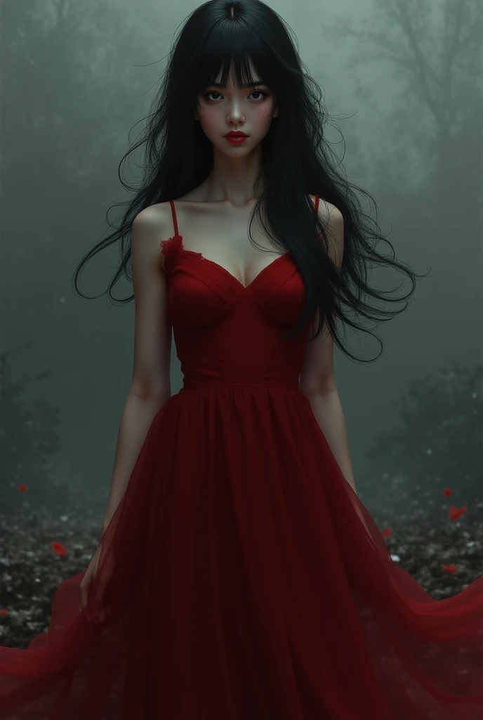 A sad girl with a long hair wearing a long red dress 