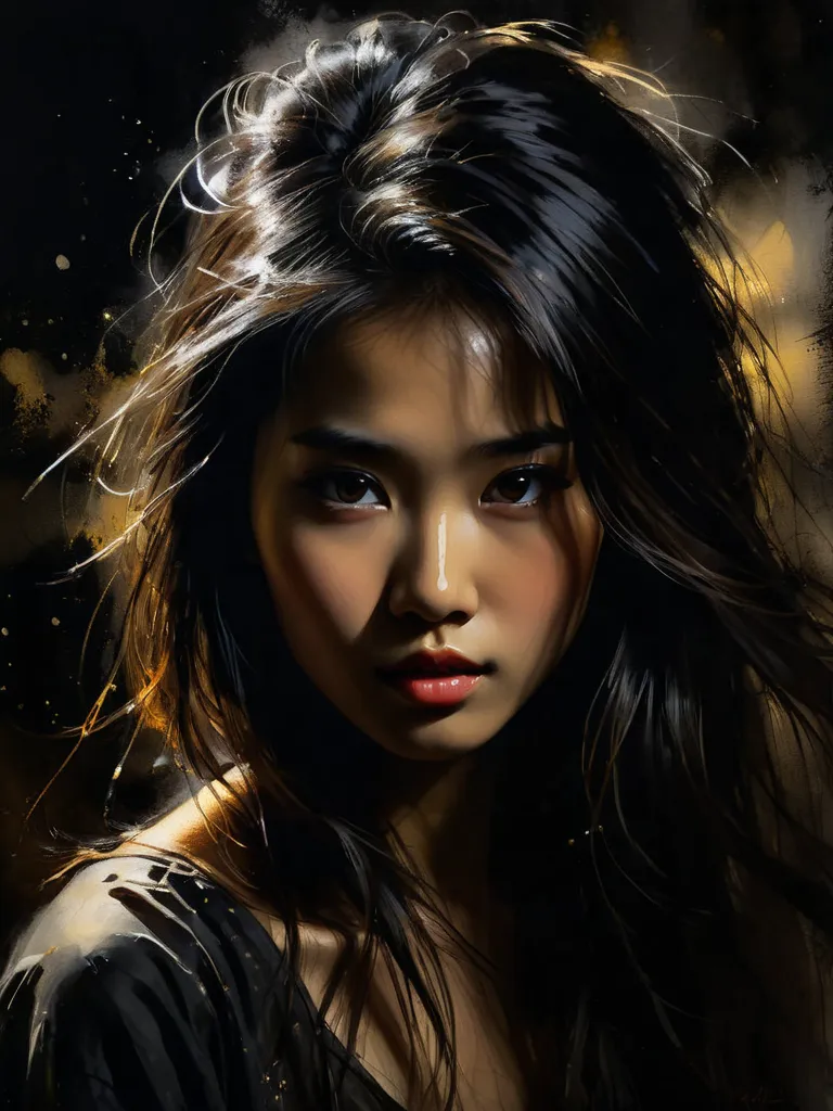 mix media painting, watercolor painting, alcohol ink, charcoal drawing, young chinese woman, ((1girl in:1.5)), beauitful face, (lifelike face), smile wth glaring eyes, (A dark-haired, long flowing-hair:1.3), Beautiful hairstyle,  Eyes in Beautiful Details,...