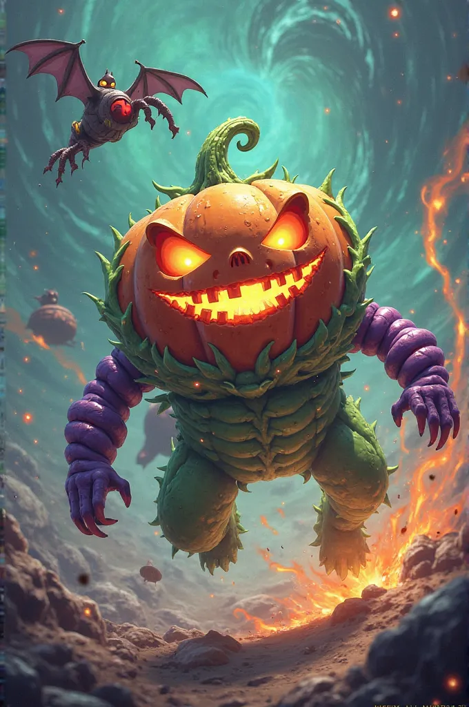 Create an image of an explosive green,  purple clothes , pumpkin creature and a bat-shaped glider 