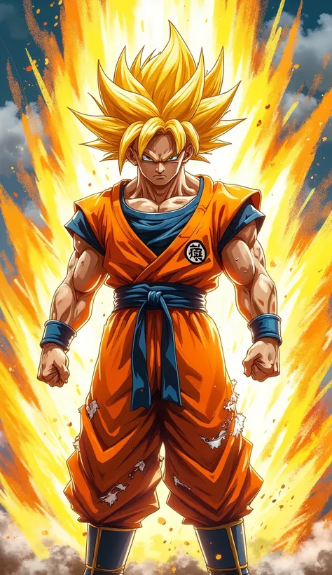 Gohan in Super Saiyan form, standing powerfully and facing the viewer directly with a serious, intense expression. His golden hair spikes upwards, glowing with energy, and his sharp, defined facial features reflect determination. His muscular physique is p...