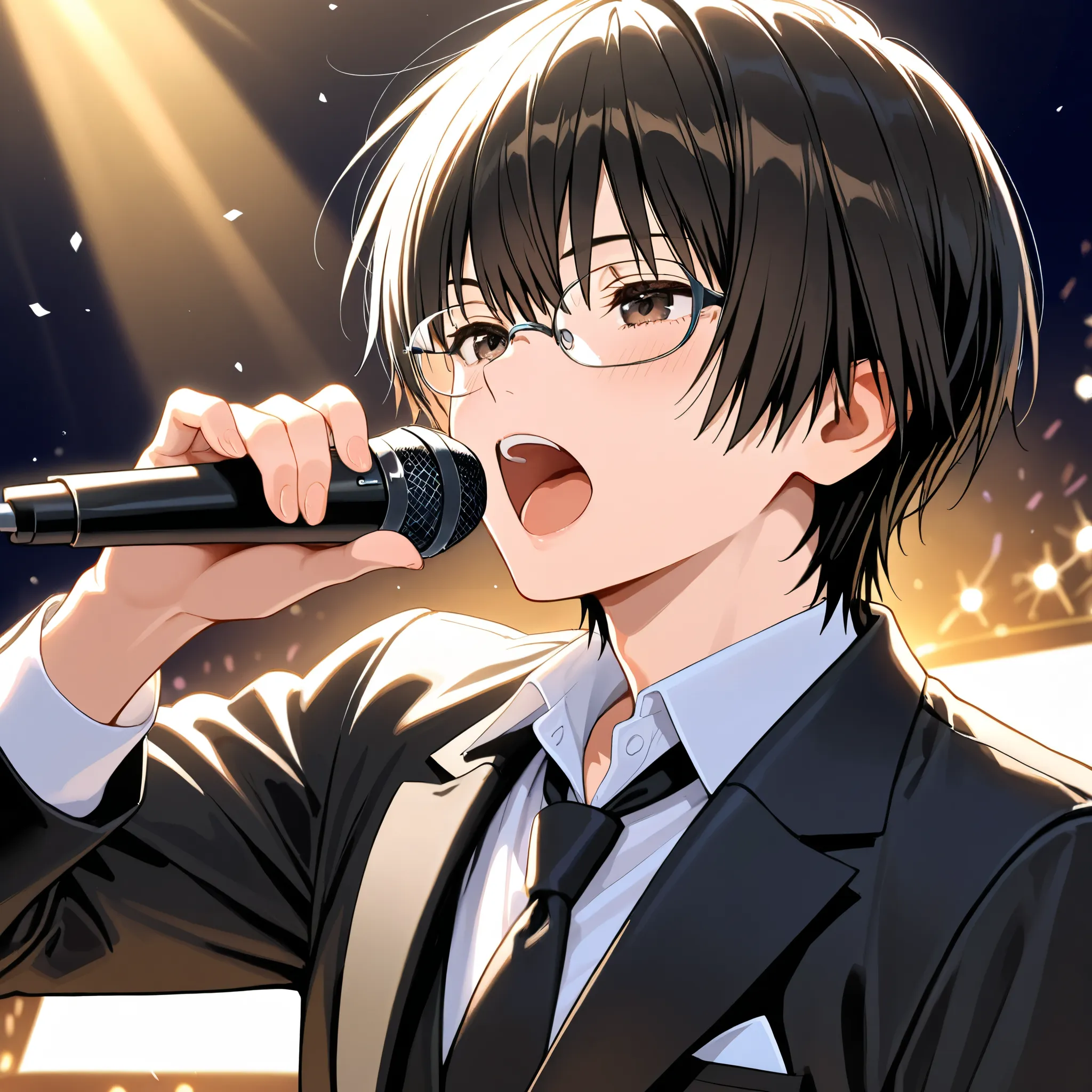 Male Rover, black suit, loose black necktie, glasses, singing on stage, masterpiece, best quality, high resolution