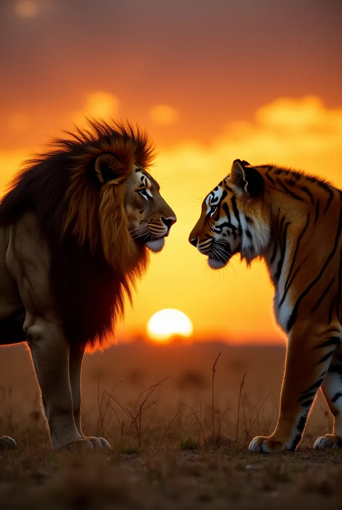 A majestic lion and a powerful tiger stand face-to-face, symbolizing leadership vs. strength. The lion, with a flowing mane, exudes strategy and presence, while the sleek, muscular tiger radiates raw power. A dramatic sunset over the savanna adds an epic, ...