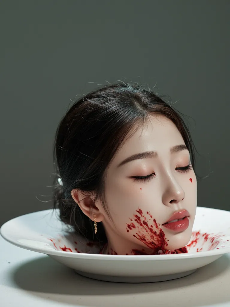   place the head of a decapitated woman , Asia,  Less blood stains   , (( with eyes closed)),   like a dish on a plate  , Bloody,  actual , 4K, Nikon, fear