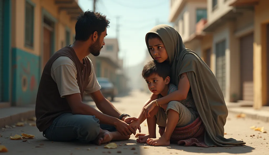 [Scene 3:(3D) Bimar bacha aur dua]
(Background: Ek maa apne bimar bache ke saath sadak par baithi hai, Ahmed uski madad karta hai)