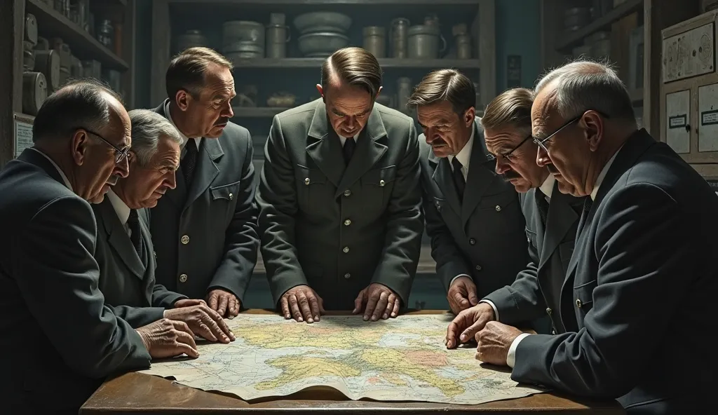 A dimly lit bunker interior, showing Hitler and his closest advisors in their final moments, surrounded by maps and documents.