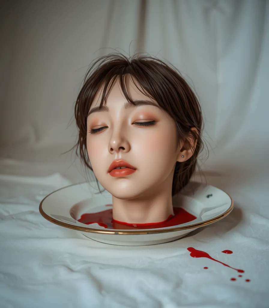   place the head of a decapitated woman , Asia,  Less blood stains   , (( with eyes closed)),   like a dish on a plate  , Bloody,  actual , 4K, Nikon, fear