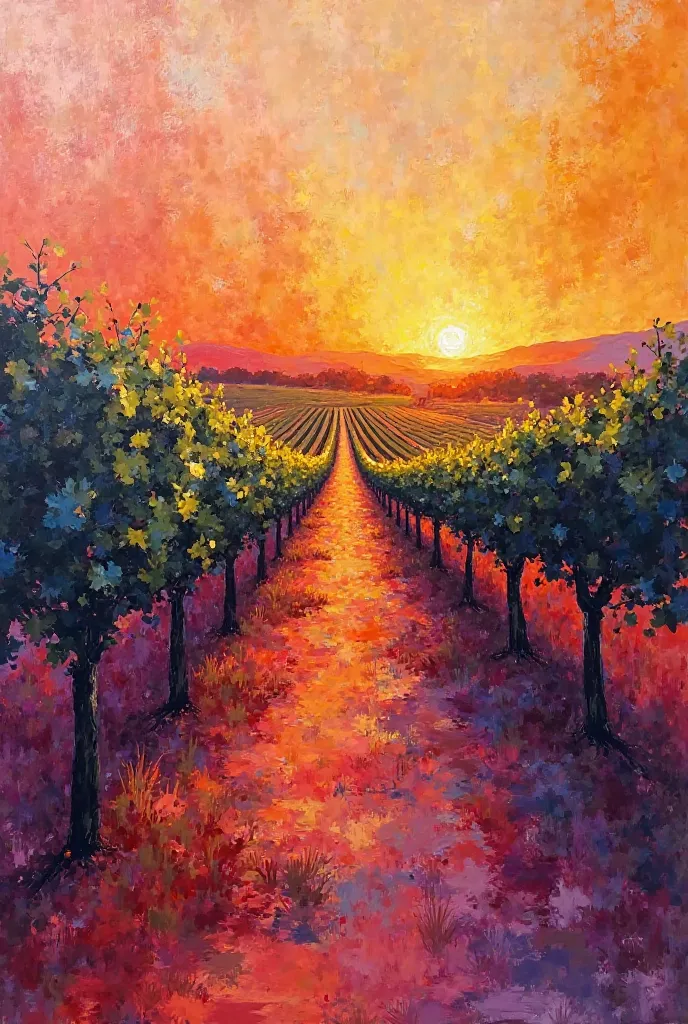 Abstract painting of a vineyard in Catalonia, where vines dissolve in geometric shapes and vibrant colors,  like shades of orange , purple and red on a warm sunset. The brushstrokes are dynamic and loose, creating a play of light and shade that evokes the ...