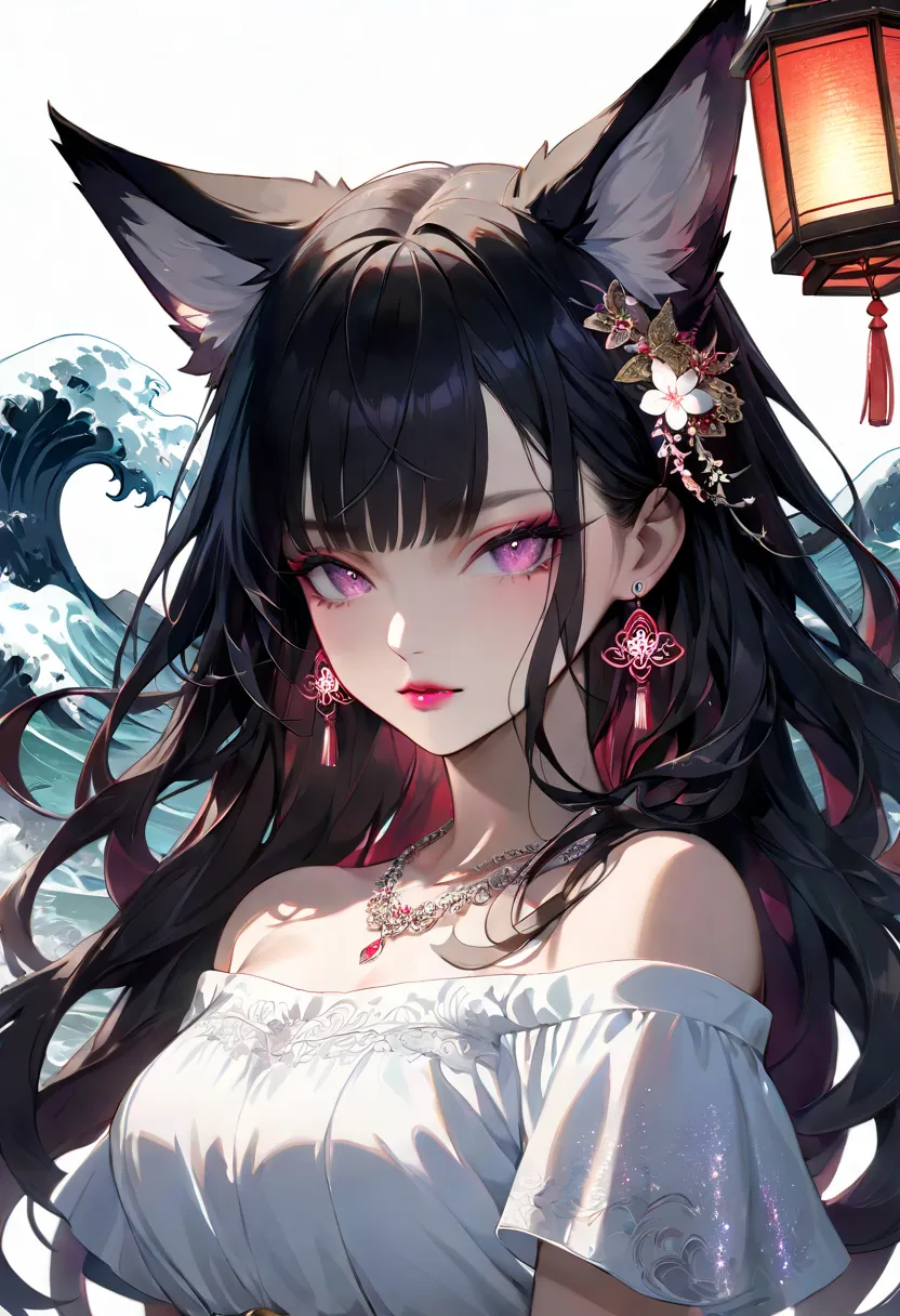  masterpiece, top quality, high definition, (white background: 1.4), [      glitter], [teeth、It depicts a woman with long dark hair staring intently at the viewer, portraits, art ], (long hair,  lantern, Wave Curl,       fluffy fox ears, ),  off-the-should...