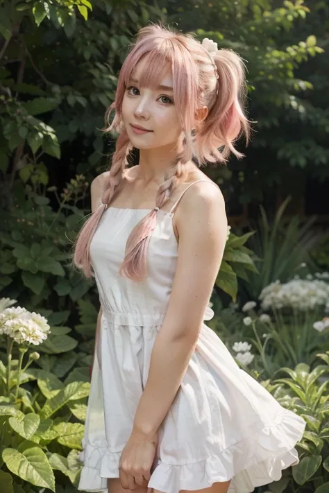 Anime girl with pigtails and pink hair, has small white wings, wearing a white dress , in a garden