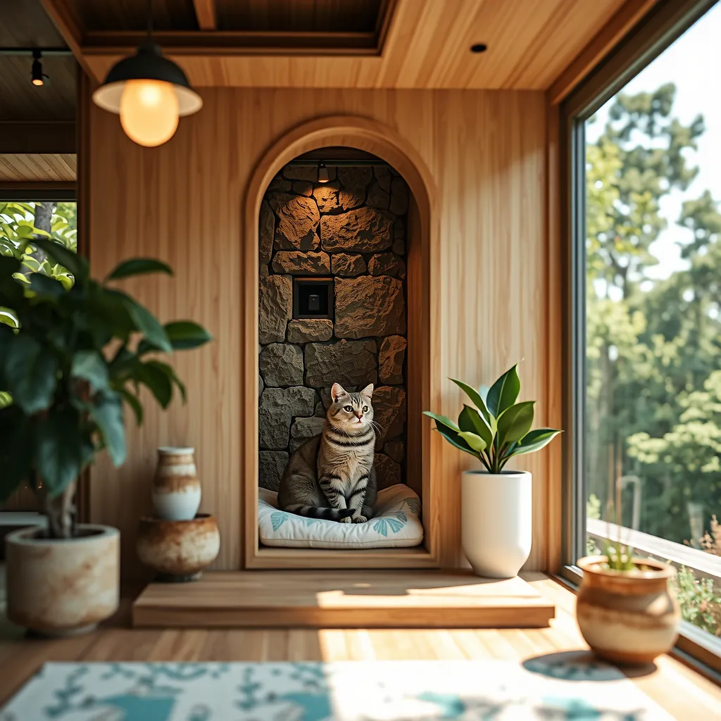 An image of a house specifically designed for cats, with eco-friendly features and eco-inspired decor. Picture a cozy house with a sleek, modern design, using natural materials like wood and stone to enhance its energy efficiency. Incorporate eco-friendly ...