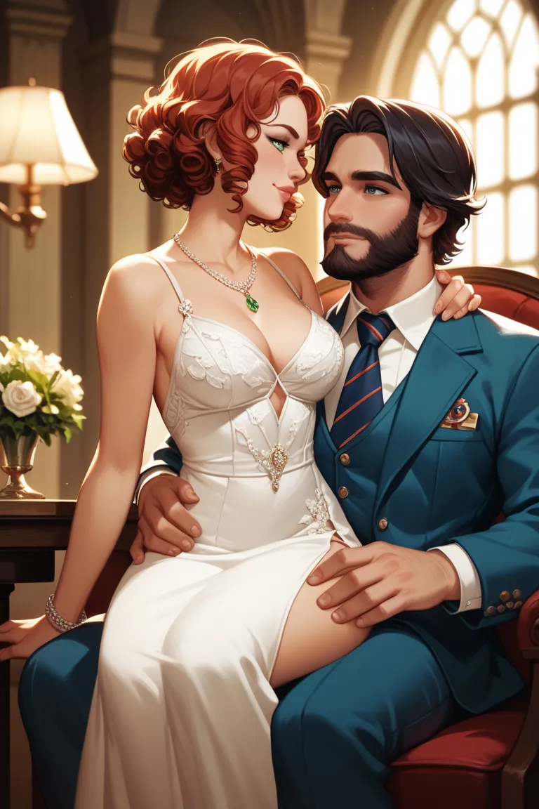  Woman, green eyes,  short curly red hair, Sexy wine dress , sitting on the lap of a tall , short black hair, big beard style,  crusade, modern