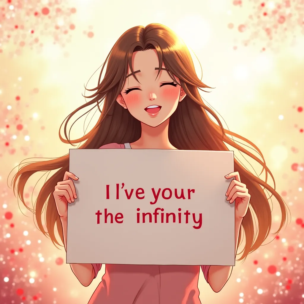 a beautiful and cute woman holding up a sign "i love infinity", joyful, happy, anime illustration, photorealistic, oil painting