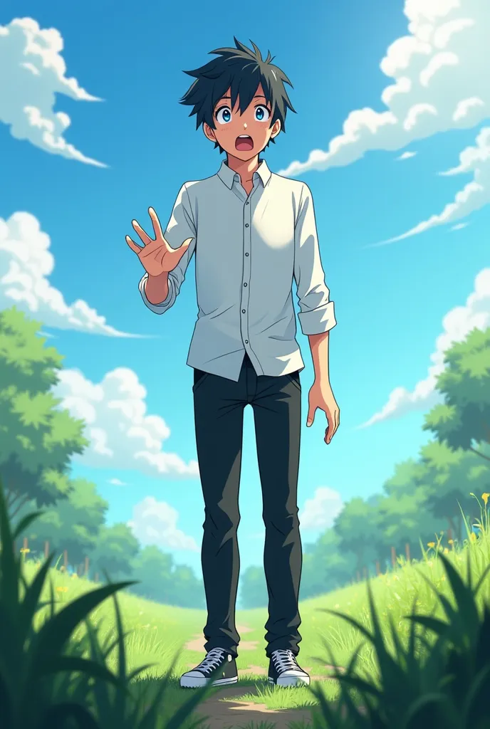  Anime style, anime, a tall man with small bristles, with short dark hair and blue eyes, he is wearing a white shirt and black pants and sneakers, He has a surprised face, he reaches out one hand in front of him, 2D anime style , he goes right, 2D Comic An...