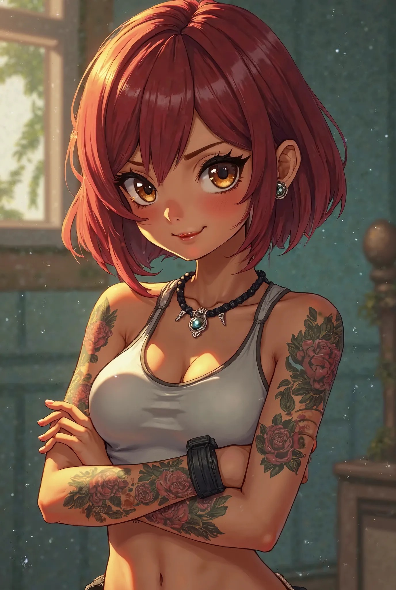 RPG game character, tan-skinned woman, athletic build, funny expression, red-brown bob hair, big brown eyes, hair between eyes, (Will Vandom from "W.I.T.C.H."), multiple new school tattoos, depth of field, background blur, bare hands, accessories, bare sle...