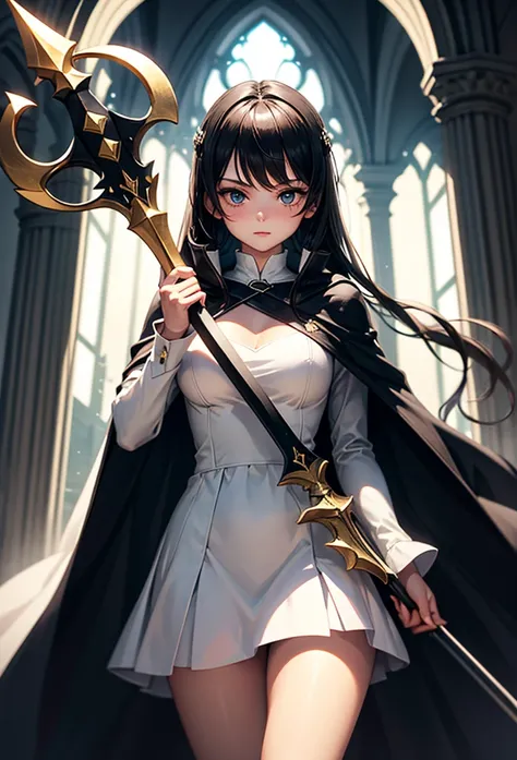 A girl using a white dress and a black cape and holding a great lance.