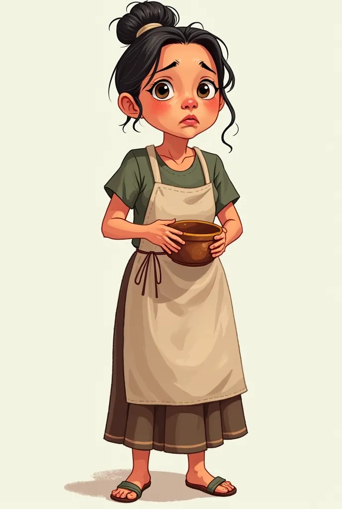 A full-body, storybook-style illustration of Nanay Belinda, a 33-year-old Filipino mother with a petite build. Her face, usually warm and kind, now carries a somber, sorrowful expression. Her large, expressive eyes are filled with sadness, and her lips rem...