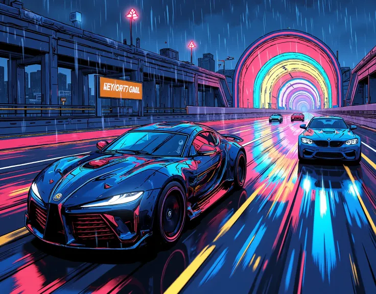 (masterpiece:1.2,top quality, ultra high definition ,very well detailed,best illustrations,Super Detail),8k,16k,wallpaper,(rainのnightのハイウェイレース),(ray tracing),(future:2.0),SF,Cyberpunk,(future的な車:2.0),(dynamic angle),(night),(rain),(lanes drawn with iridesc...