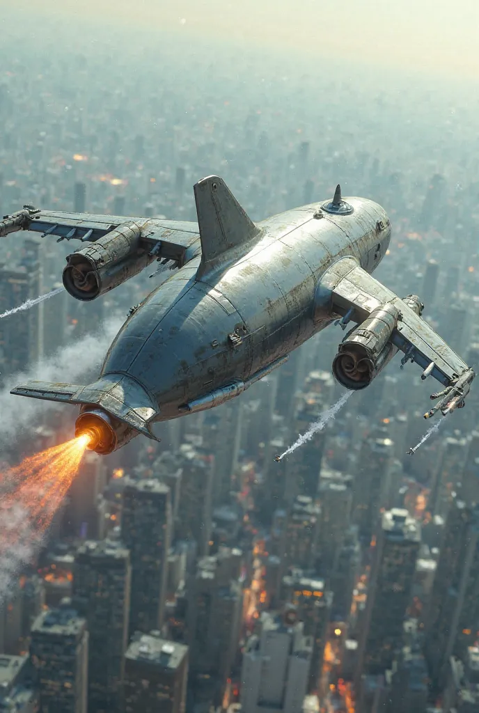 A airplane with 4 engines and the body of an dolphin flying in the sky bombing a big city and have explosives on the wings and pising water from his back