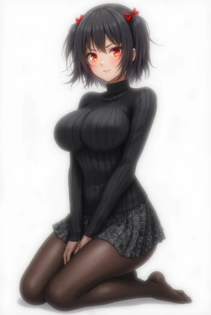 A highly detailed anime-style girl with a curvy and well-defined body. She has short, layered black hair with soft bangs partially covering her forehead, and two small side pigtails tied with red hairbands. Her large, glowing red eyes have subtle light ref...