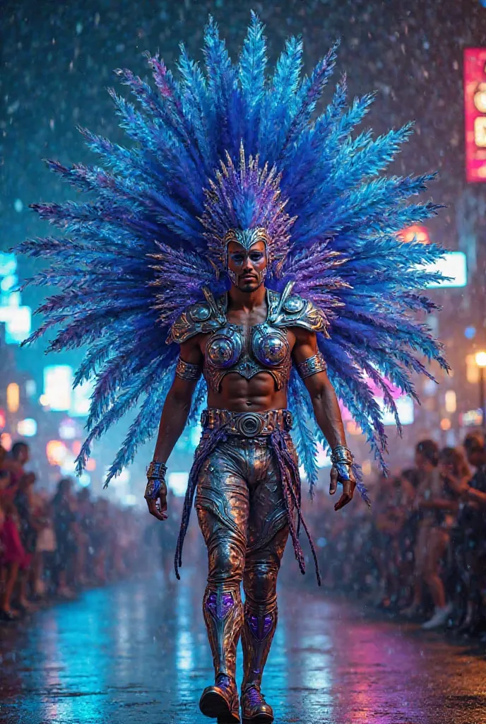 A man wearing an impressive Carnival costume with a futuristic and majestic touch. He wears an exuberant headpiece, made of vibrant and metallic feathers in shades of blue, purple and silver, that extend up and back, creating an imposing silhouette. The fe...